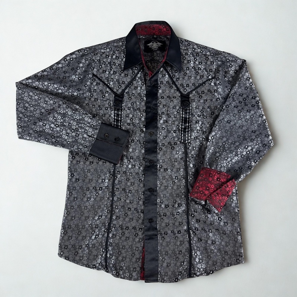 El General 1902 Western Shirt Mens S Gray Black‎ Red Contrast Floral Long Sleeve